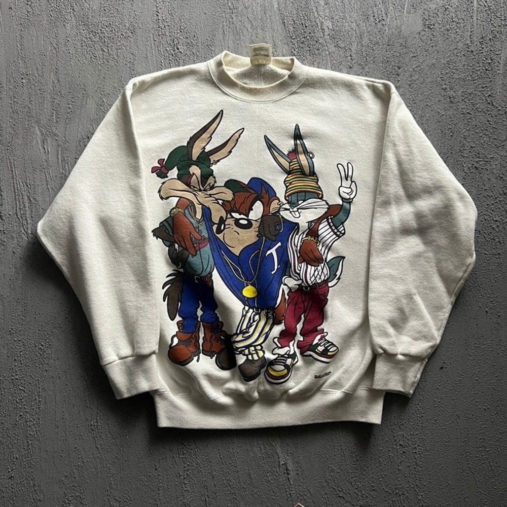 Vintage Looney Tunes Sweatshirt Large White 1990s Taz Bugs Bunny Wile E Coyote